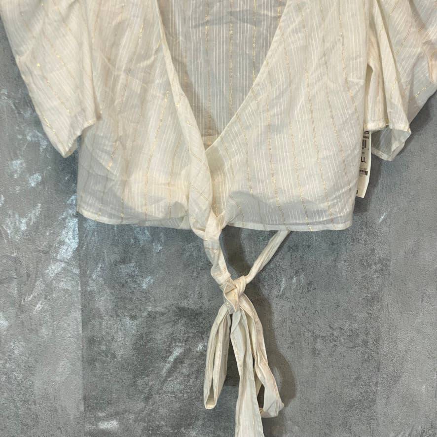 BAR III Women's Bright White Striped Detail Puff Sleeve V-Neck Wrap Blouse SZ S