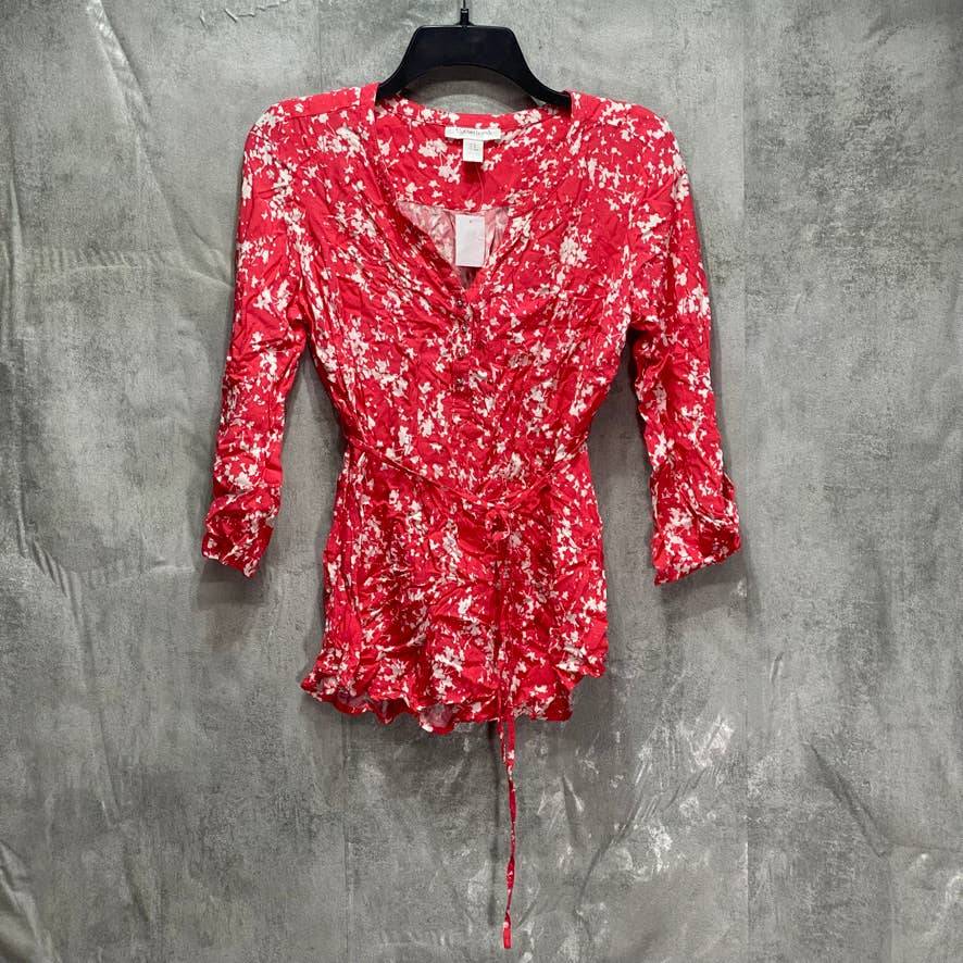 MOTHERHOOD MATERNITY Red Printed Waist Tie Roll Tab 3/4 Sleeve Maternity Top SZ S