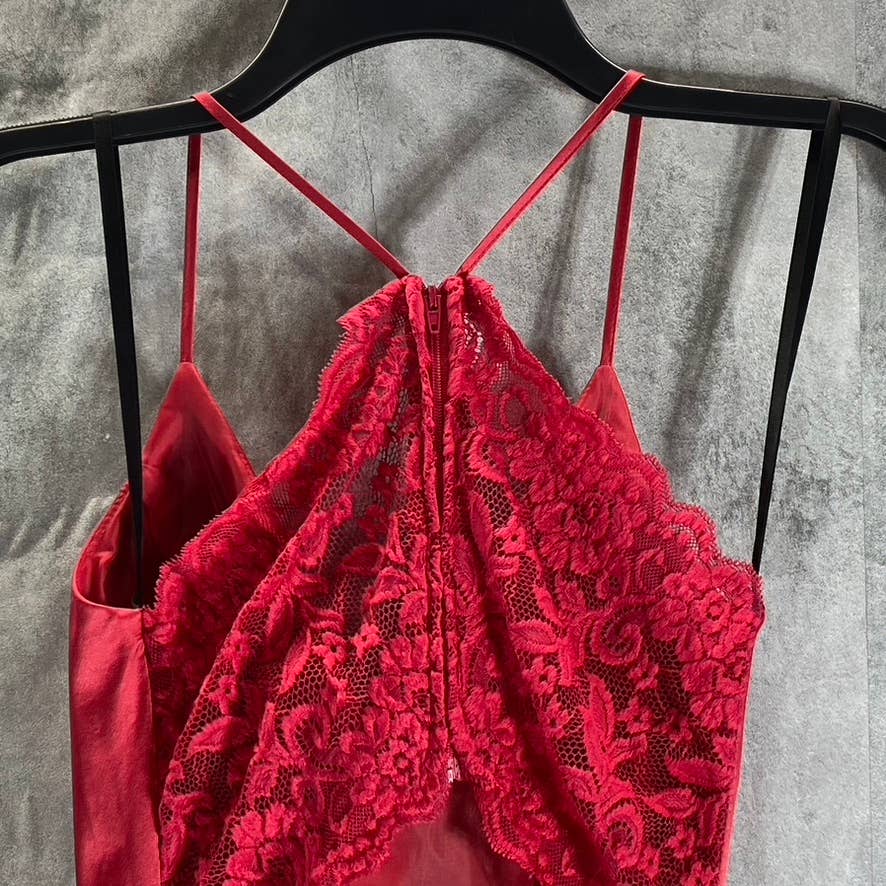 B. DARLIN Juniors' Crimson Red Satin V-Neck Lace-Back Pocketed Mini Dress SZ 1/2