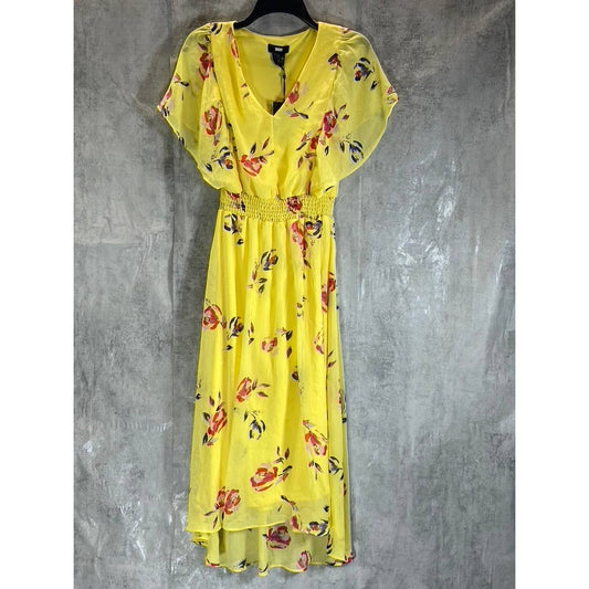 DKNY Women's Yellow Floral Smocked Flutter Short-Sleeve Hi-Low Hem Midi Dress