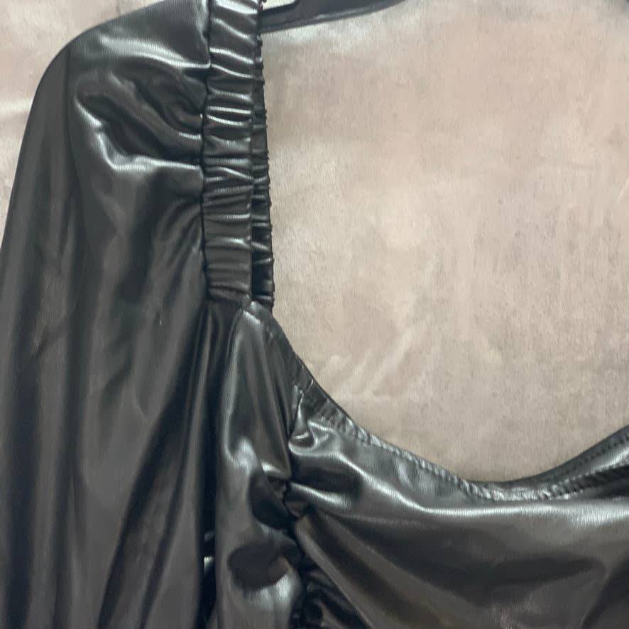 TOPSHOP Black Faux Leather 3/4 Sleeve Ruched Mini Dress SZ 10