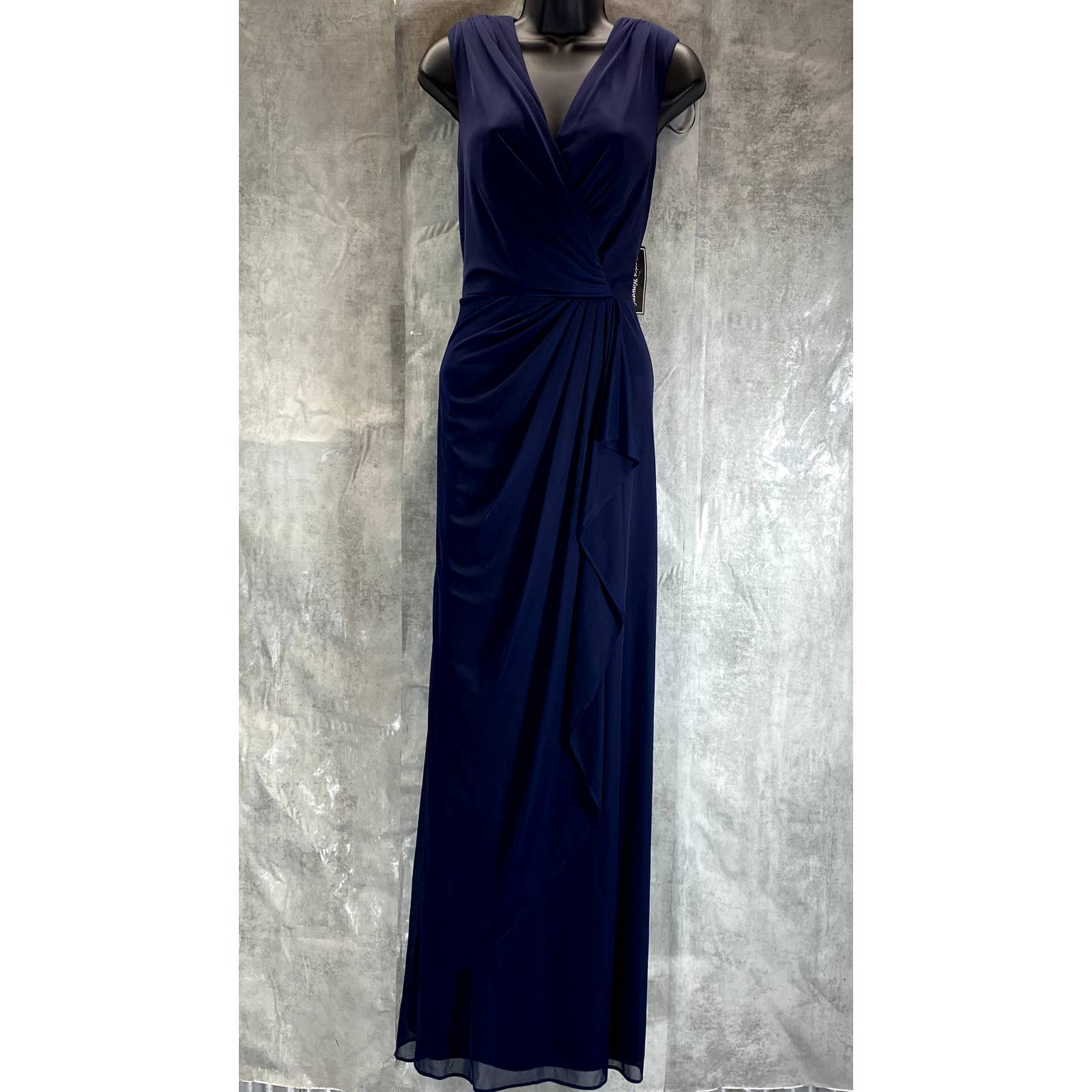 JESSICA HOWARD Women's Navy Faux-Wrap Ruched Sleeveless Maxi Gown SZ 12