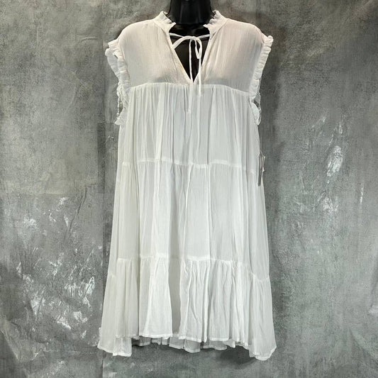 AND NOW THIS Women's White Split Tie-Neck Ruffle Tiered Mini Dress SZ M