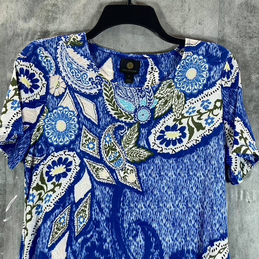 JM COLLECTION Women's Blue Printed Jacquard Knit Scoop-Neck Short-Sleeve Top SZS