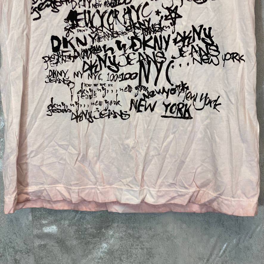 DKNY Jeans Women's Pink Graffiti-Print Metallic Logo Short Sleeve Crewneck T-Shirt SZ S