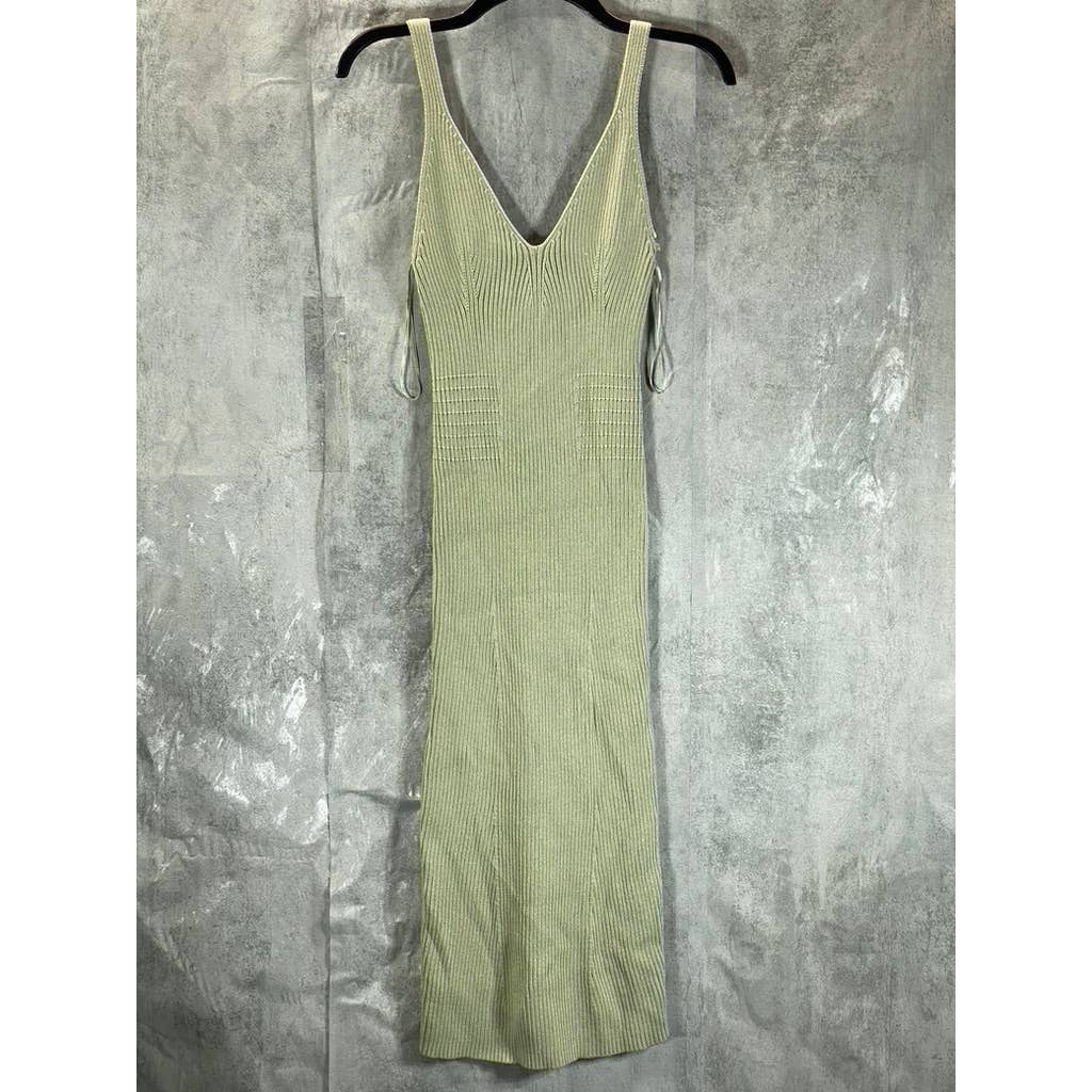 GUESS Women's Light Matcha V-Neck Ribbed Engineered Bodycon Midi Dress SZ S