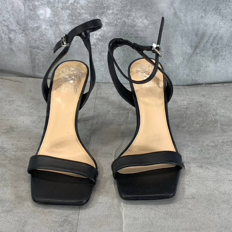 VINCE CAMUTO Women's Black Leather Saprenda Square-Toe High-Heel Sandals SZ 7.5
