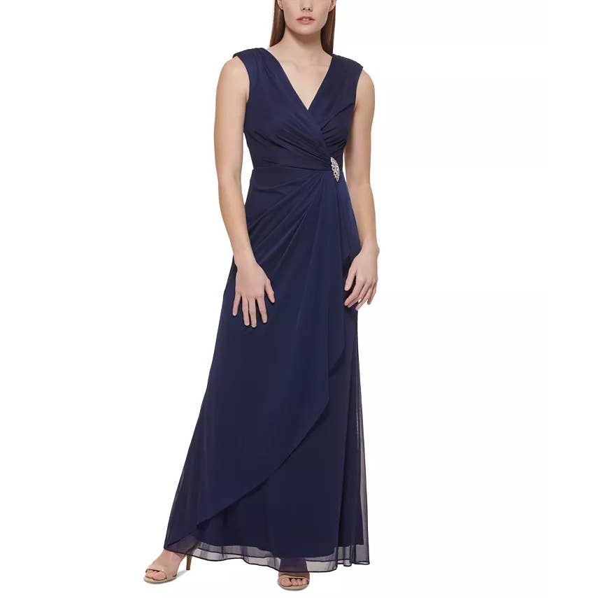 JESSICA HOWARD Women's Navy Faux-Wrap Ruched Sleeveless Maxi Gown SZ 12