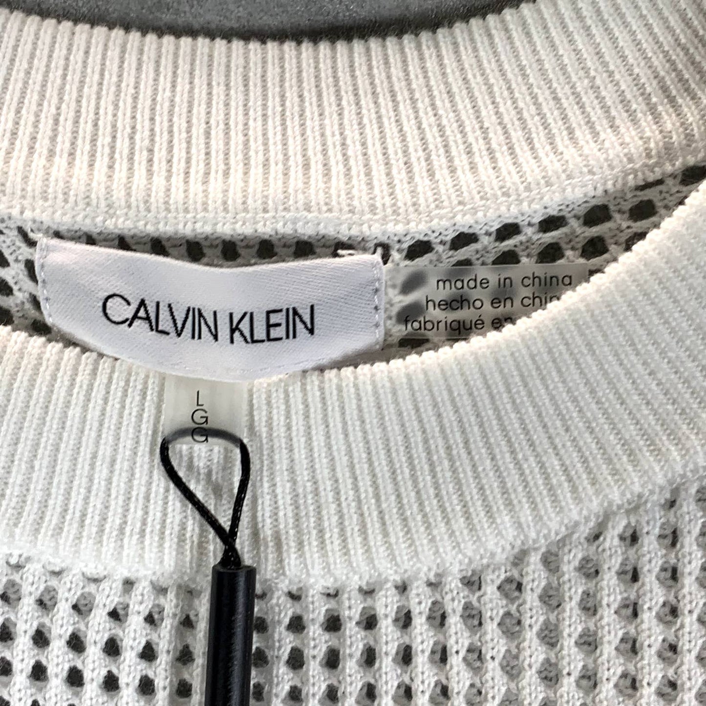 CALVIN KLEIN Women's White Mesh Logo Crewneck Long-Sleeve Pullover Sweater SZ L