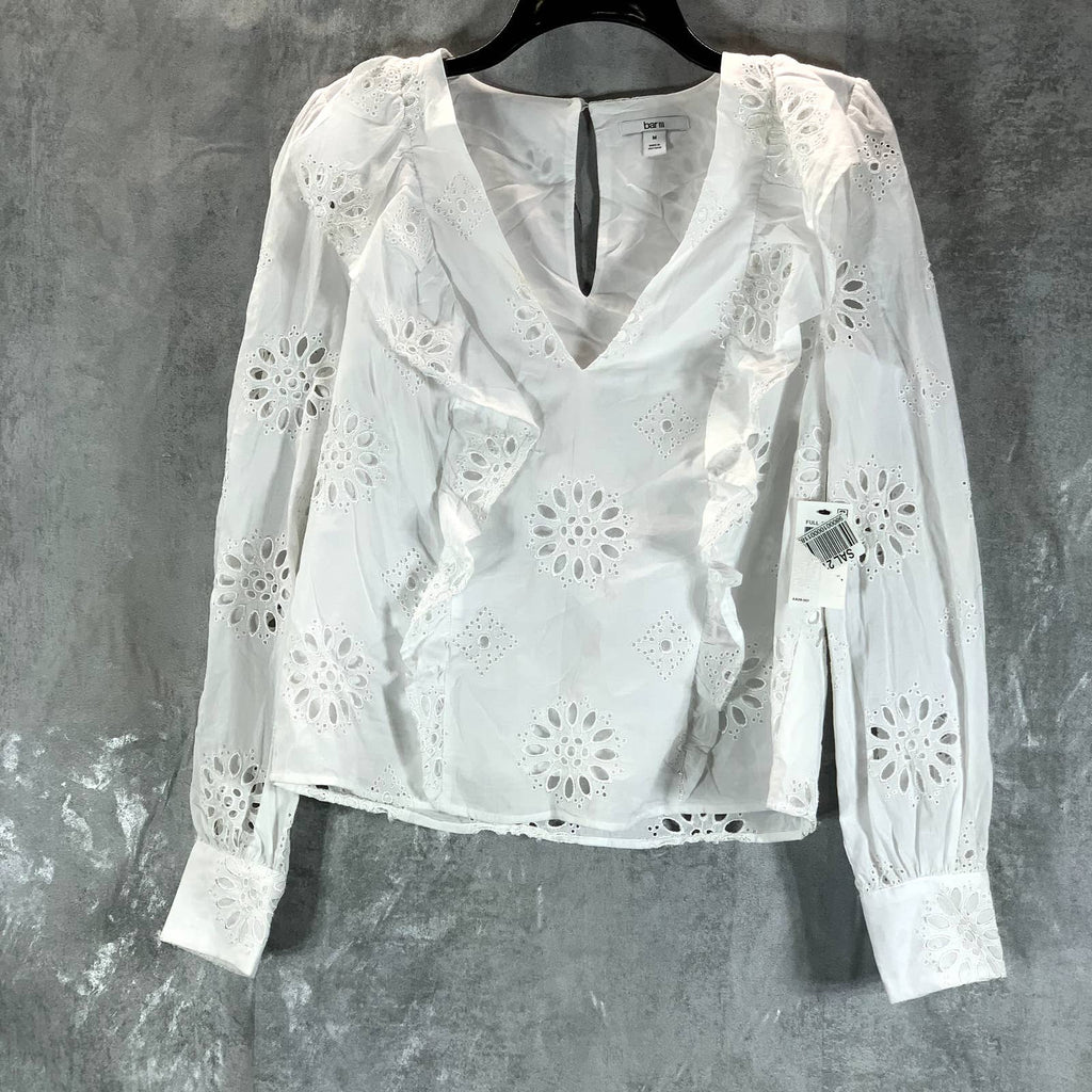 BAR III Women's White Cotton V-Neck Ruffled Eyelet Long-Sleeve Top SZ M