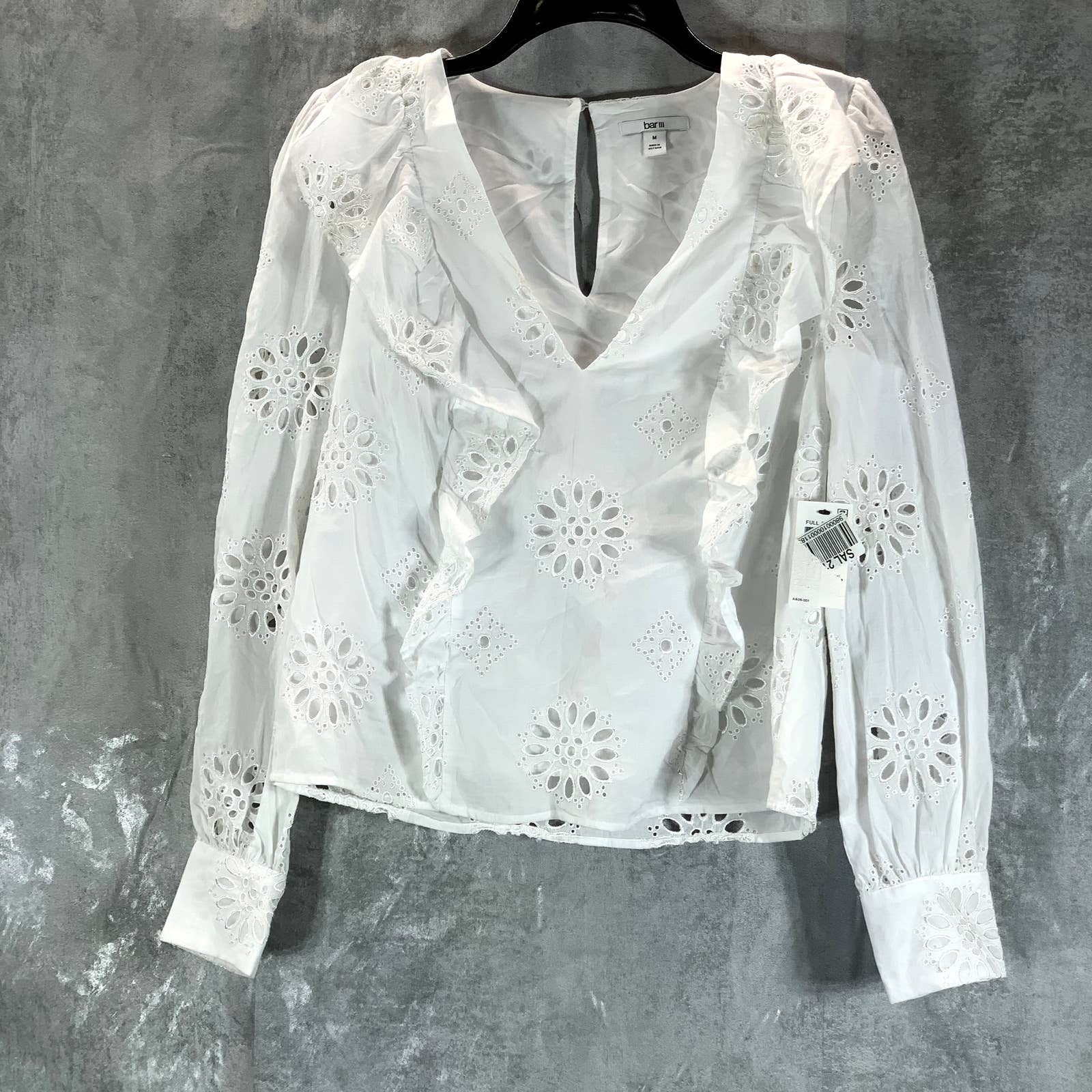 BAR III Women's White Cotton V-Neck Ruffled Eyelet Long-Sleeve Top SZ M