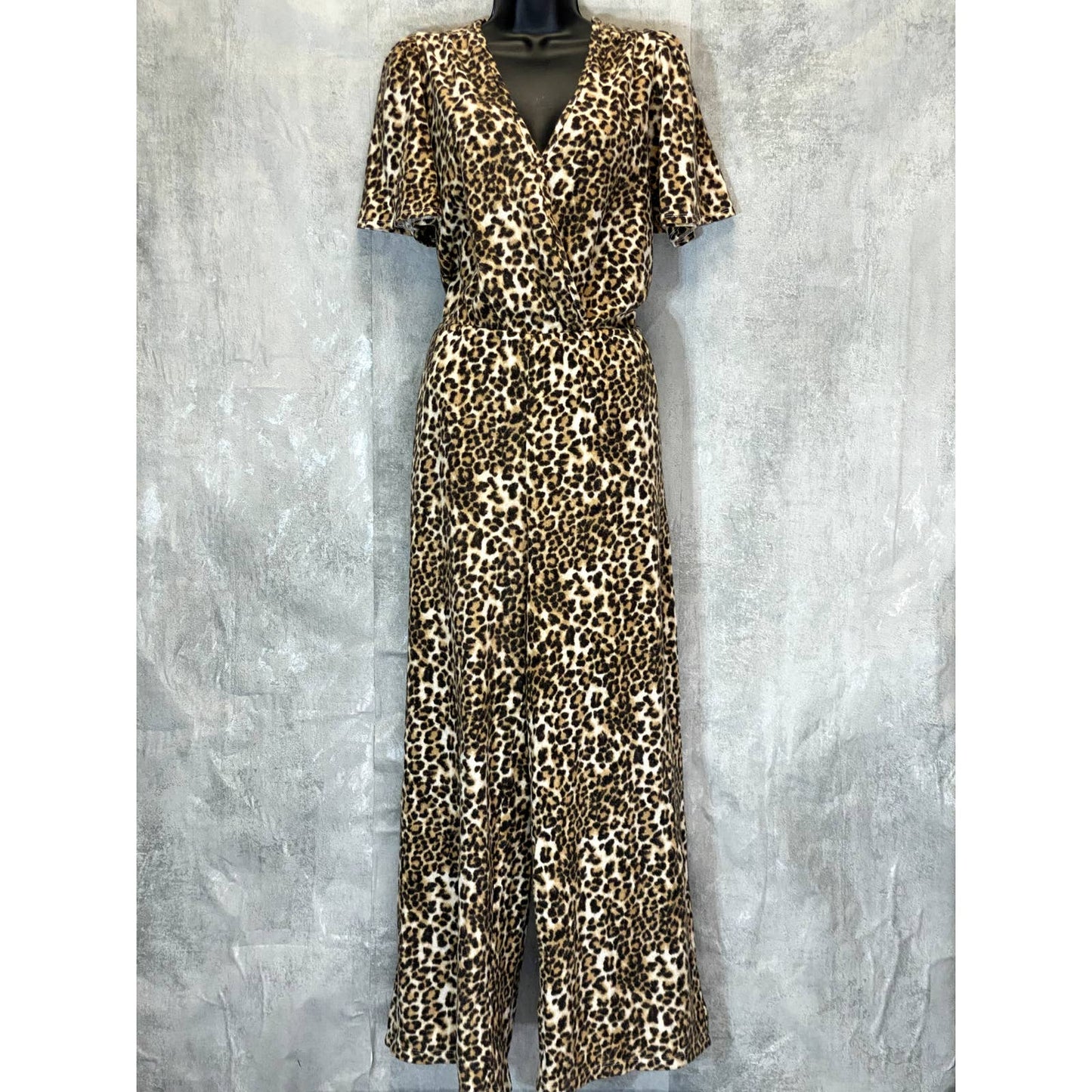 19 COOPER Women's Brown Overflow Leopard Print Surplice Wide Leg Jumpsuit SZ M