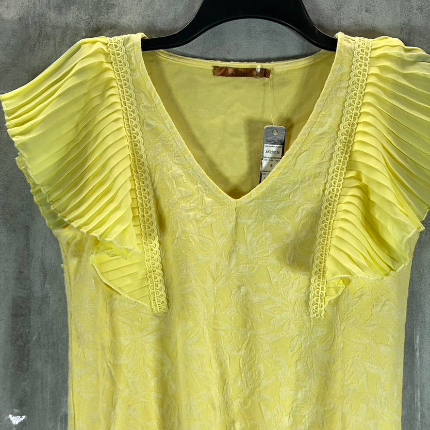 BELLDINI Women's Pineapple Textured Pleated Ruffle-Sleeve V-Neck Top SZ S