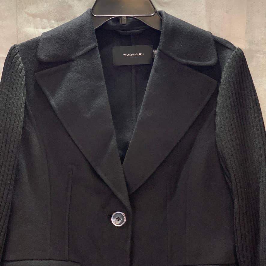 TAHARI Black Wool Blend Anna Ribbed Sleeve Notch Collar Coat SZ S