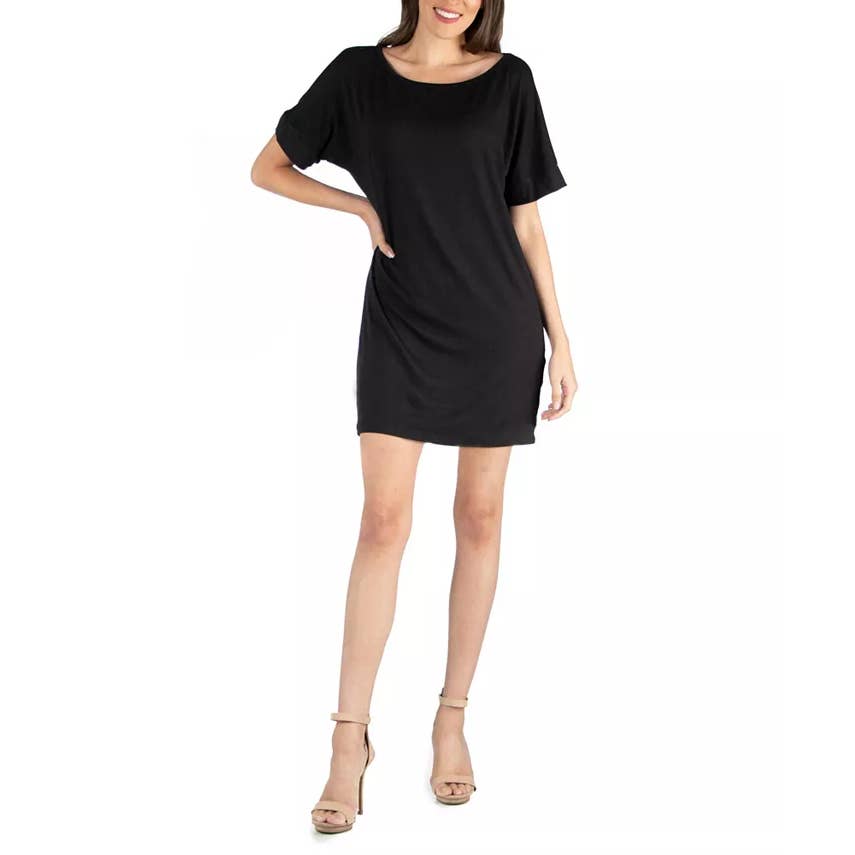 24SEVEN COMFORT APPAREL Women's Black Scoop-Neck Loose-Fit Dolman Sleeve Dress