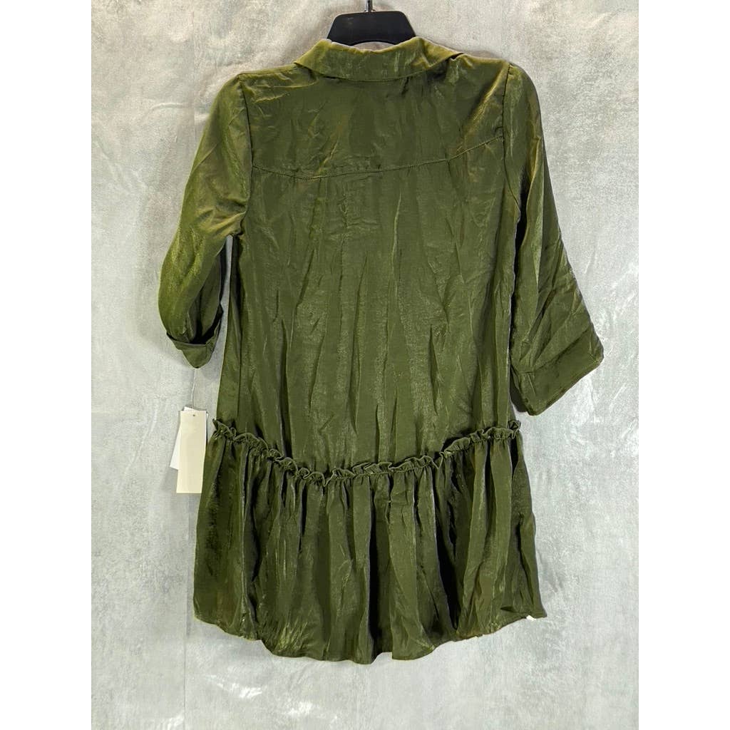 KINGSTON GREY Juniors' Olive Ruffle-Hem Long-Sleeve Button-Front Shirtdress SZXS