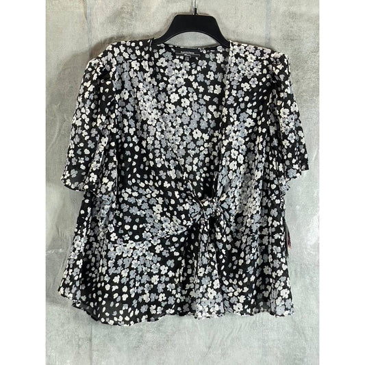 R&M RICHARDS Women's Plus Black-White Printed Tie-Front Flutter Sleeve Jacket