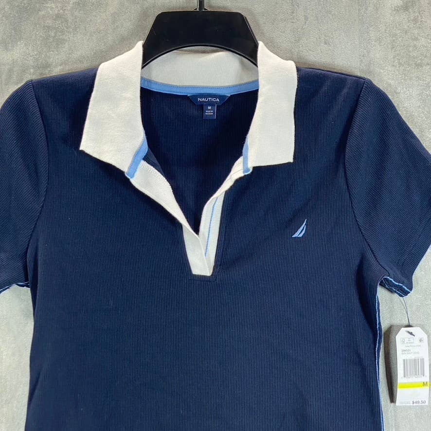 NAUTICA Women's Navy Split Spread Collar Ribbed Short Sleeve Polo Top SZ M