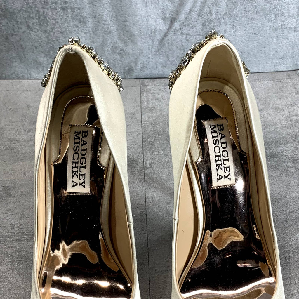 BADGLEY MISCHKA Ivory Satin Kiara Embellished Open Peep-Toe Stiletto Pumps SZ 6