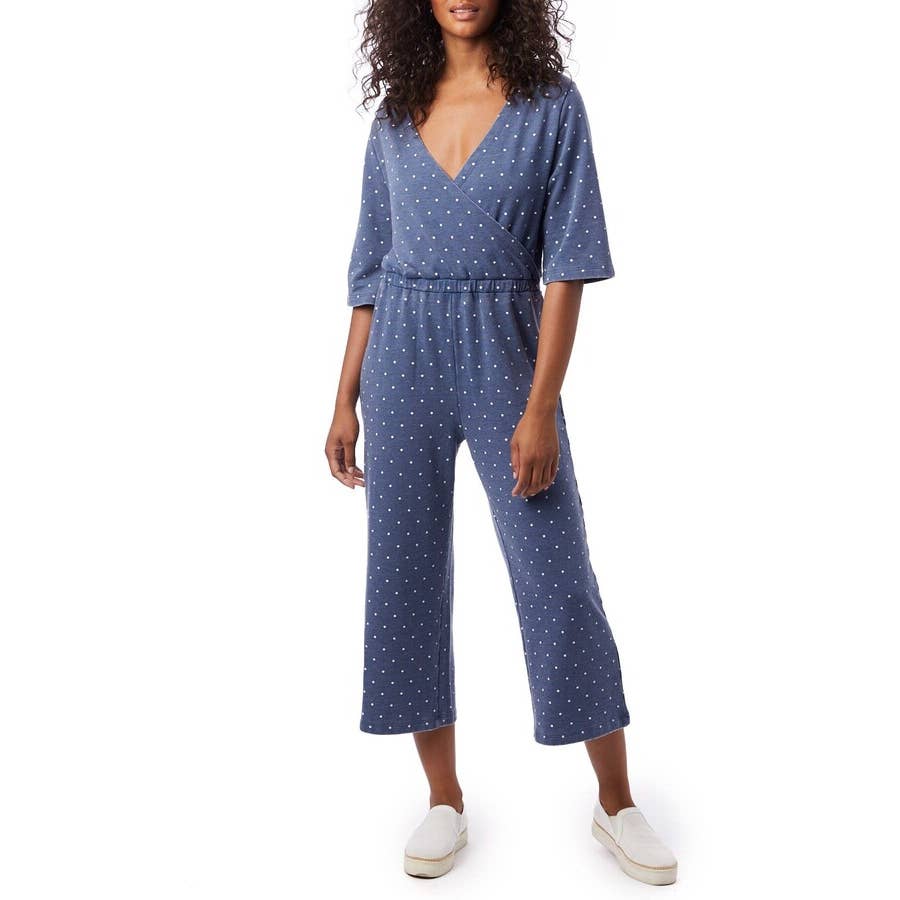 ALTERNATIVE Women's Bay Blue Pin Dot Surplice Short Sleeve Pull-On Jumpsuit SZ S