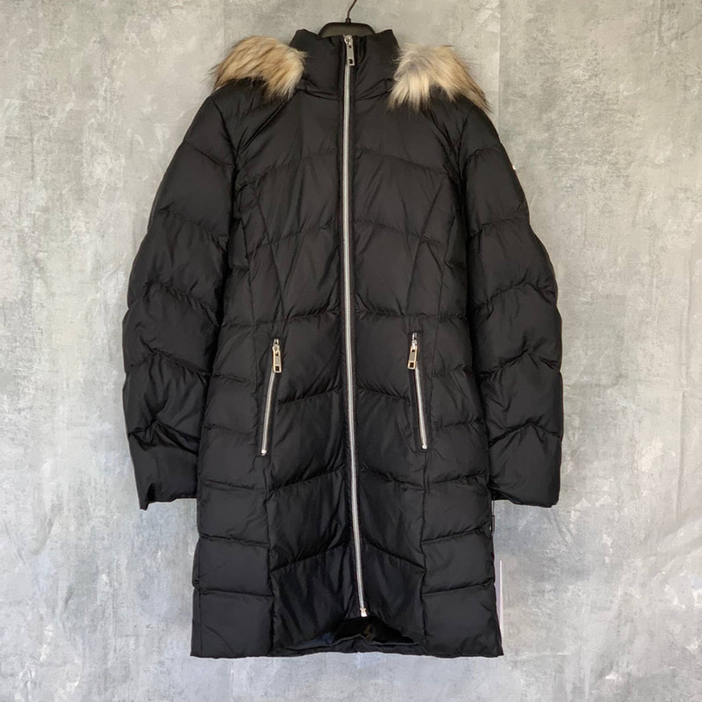 CALVIN KLEIN Solid Black Detachable Faux-Fur Hooded Full-Zip Puffer Jacket SZ S