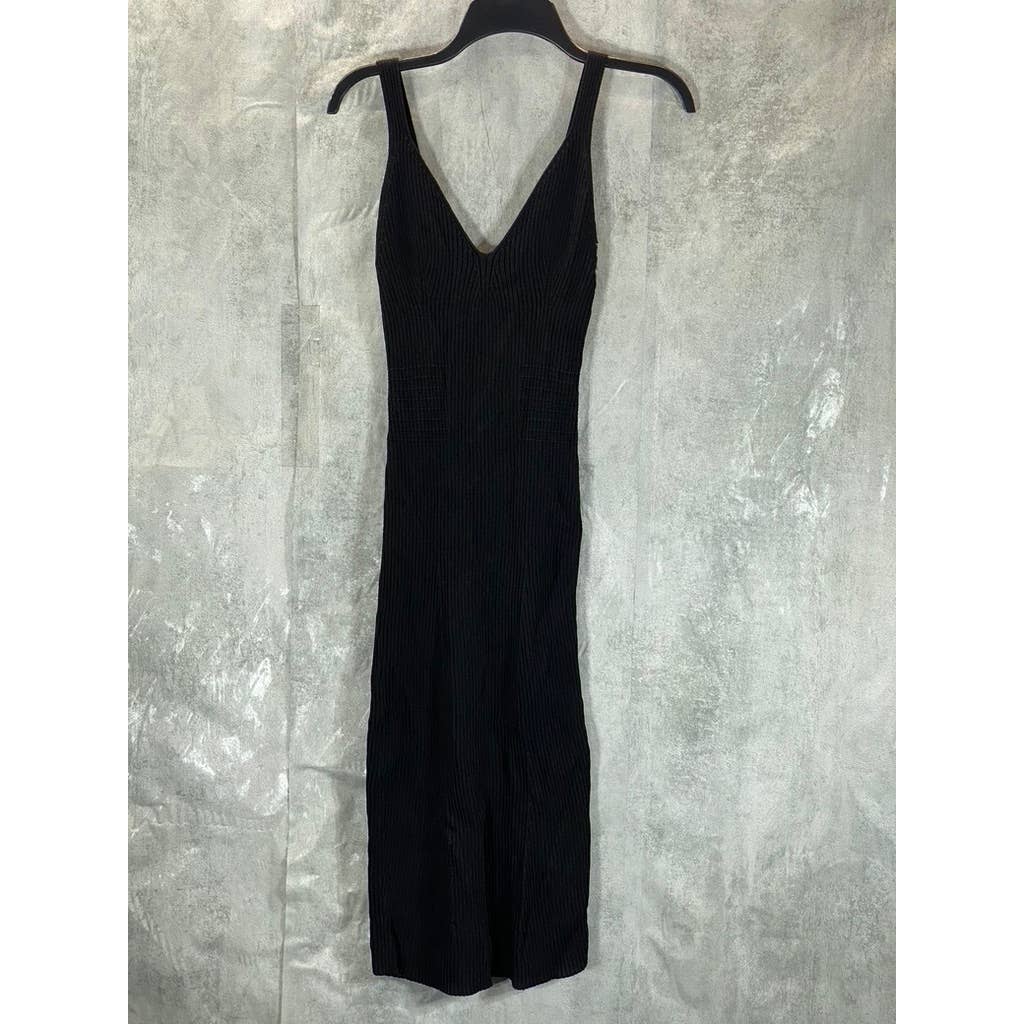 GUESS Women's Jet Black V-Neck Ribbed Engineered Bodycon Midi Dress SZ S