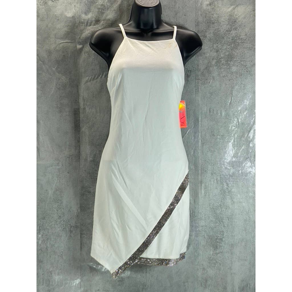 BCX DRESSES Juniors' Off-White Halter Asymmetrical Rhinestone Hem Dress SZ L