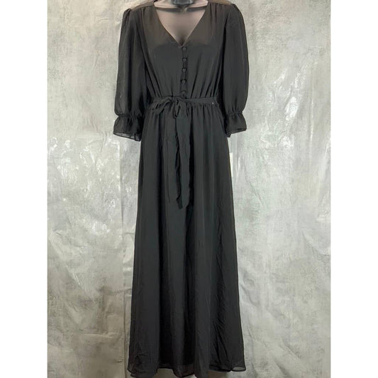 NY COLLECTION Women's Black V-Neck Button 3/4 Sleeve Tie-Belt Flounce Midi Dress