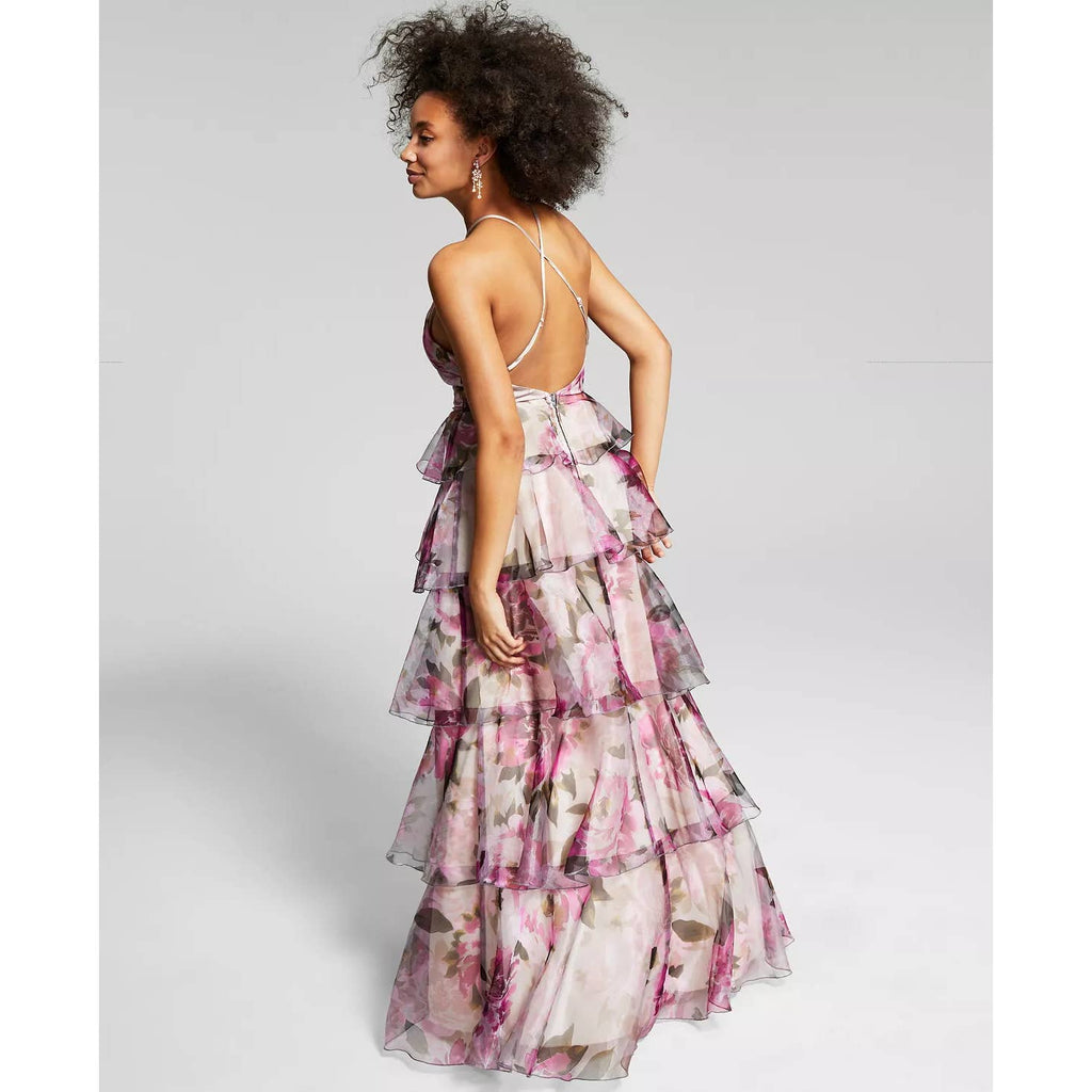 SPEECHLESS Juniors' Grey-Fuchsia Organza Floral-Print Tiered Halter Dress SZ 13