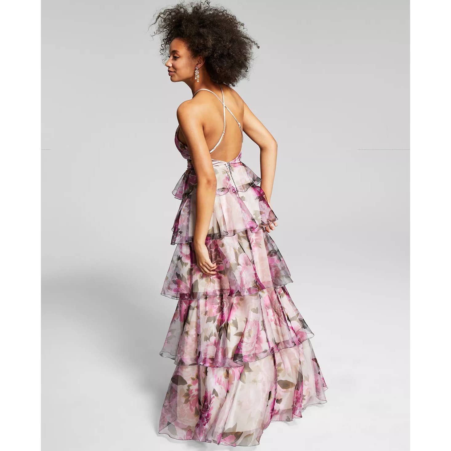 SPEECHLESS Juniors' Grey-Fuchsia Organza Floral-Print Tiered Halter Dress SZ 13