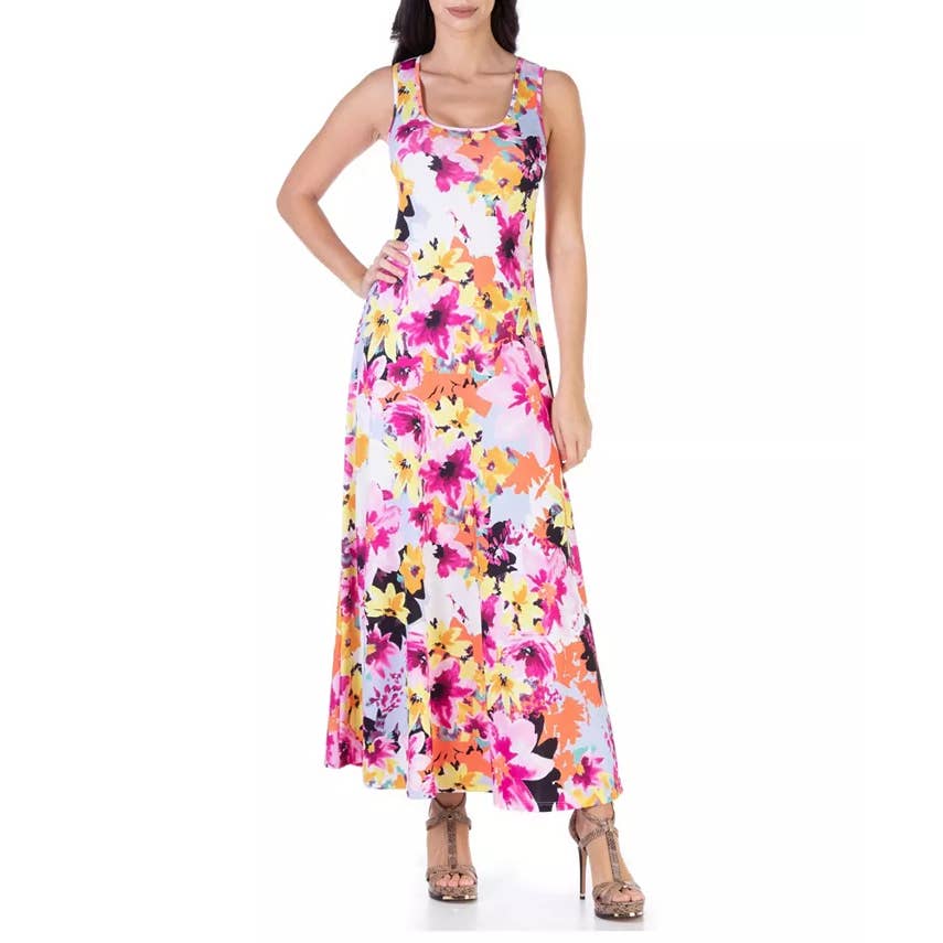 24SEVEN Comfort Apparel Women's Multi Floral Scoop-Neck Sleeveless Loose Maxi Casual Dress SZ M