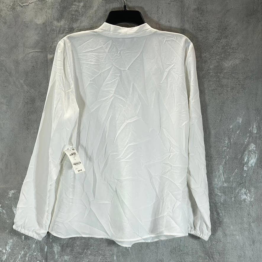 BAR III Women's Lily White Inverted-Pleat V-Neck Long-Sleeve Top SZ L