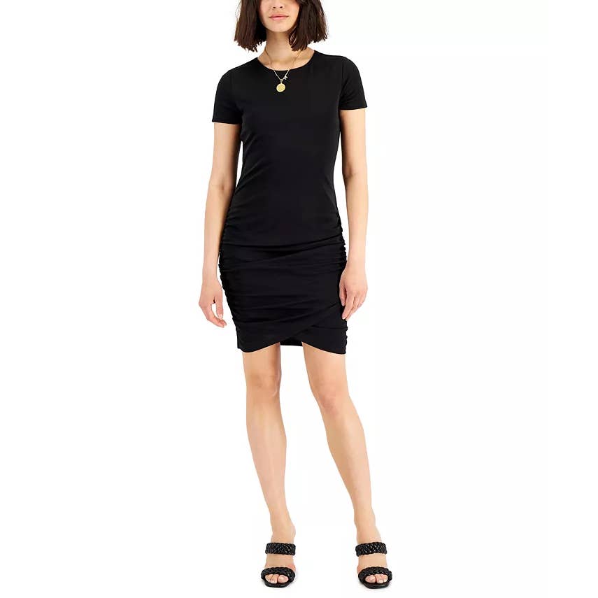INC INTERNATIONAL CONCEPTS Women's Deep Black Faux-Wrap Ruched Mini Dress SZ XL