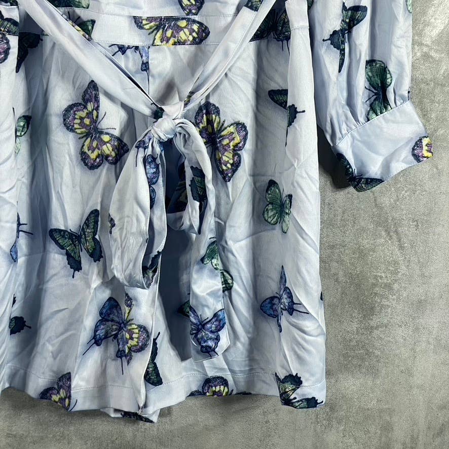 NINA PARKER Women's Plus Blue Butterfly Satin Trendy V-Neck Long-Sleeve Romper