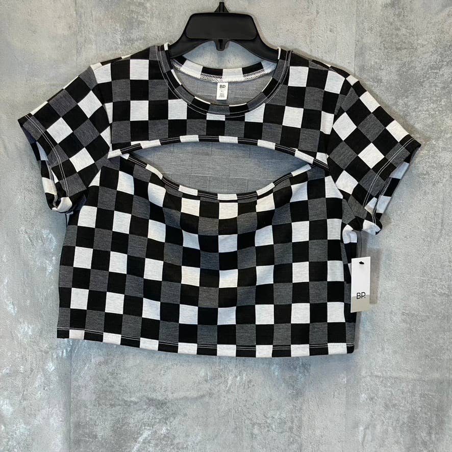 BP. Women's Black-White Aurora Plaid Crewneck Cutout Short Sleeve Top SZ XL