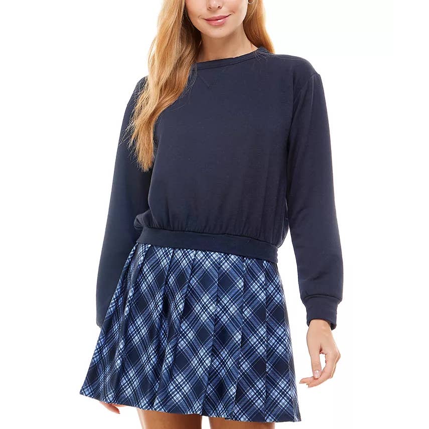 KINGSTON GREY Juniors' Navy Check Pleated Skirt Crewneck Mini Sweater Dress SZ L