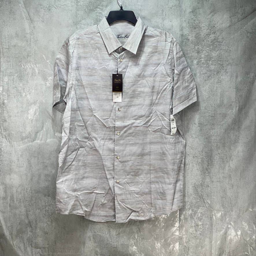 TASSO ELBA Grey Combo Stretch Textured Stripe Short Sleeve Shirt SZ XL