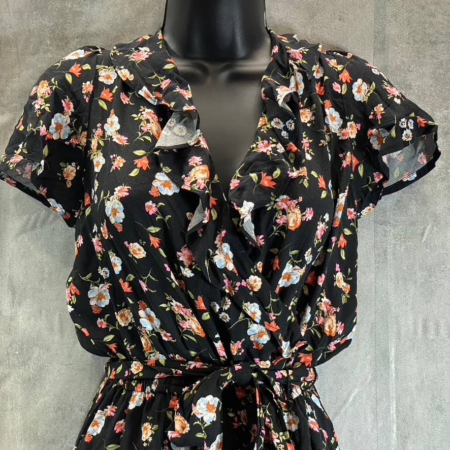 KINGSTON GREY Juniors' Black Floral Ruffle V-Neck Tie-Waist Pant Jumpsuit SZ S
