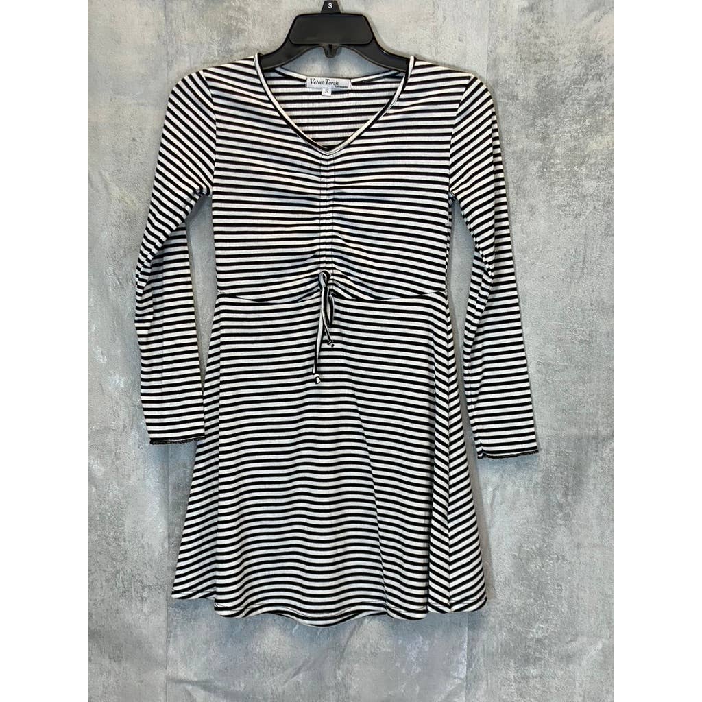 VELVET TORCH Women's Black-White Striped V-Neck 3/4 Sleeve Ruched Mini Dress