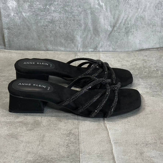 ANNE KLEIN Women's Black Nikole Rhinestone Embellished Square-Toe Sandals SZ 8.5