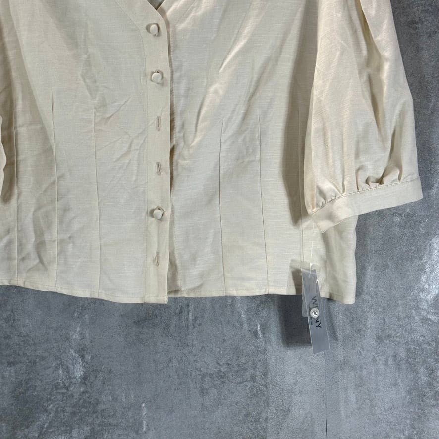 WD.NY Women's Cream V-Neck Button-Down Puff Elbow-Sleeve Top SZ XL