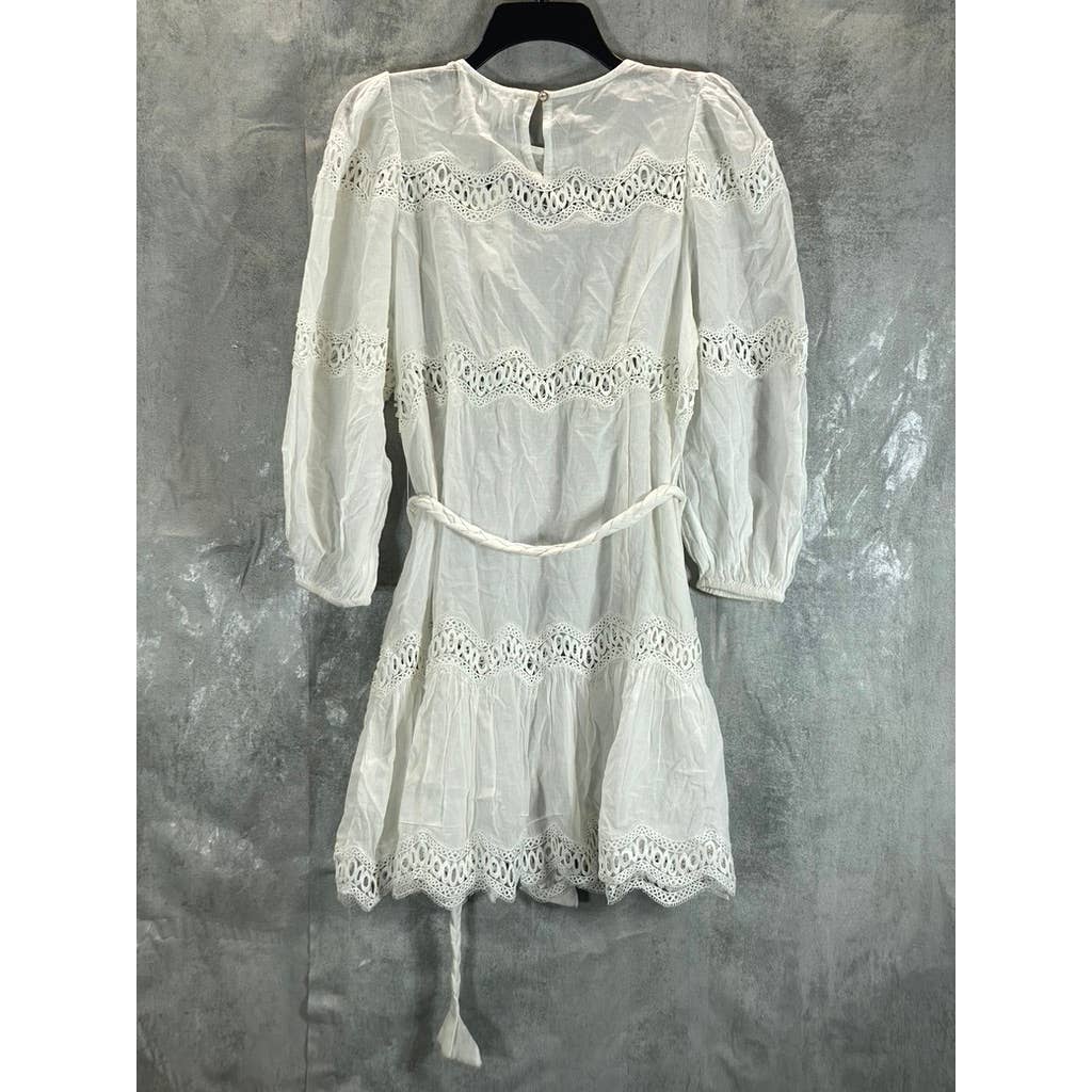 RAHI Women's White Sanibel Long Puff Sleeve Lace-Trim Belted Mini Dress SZ XS