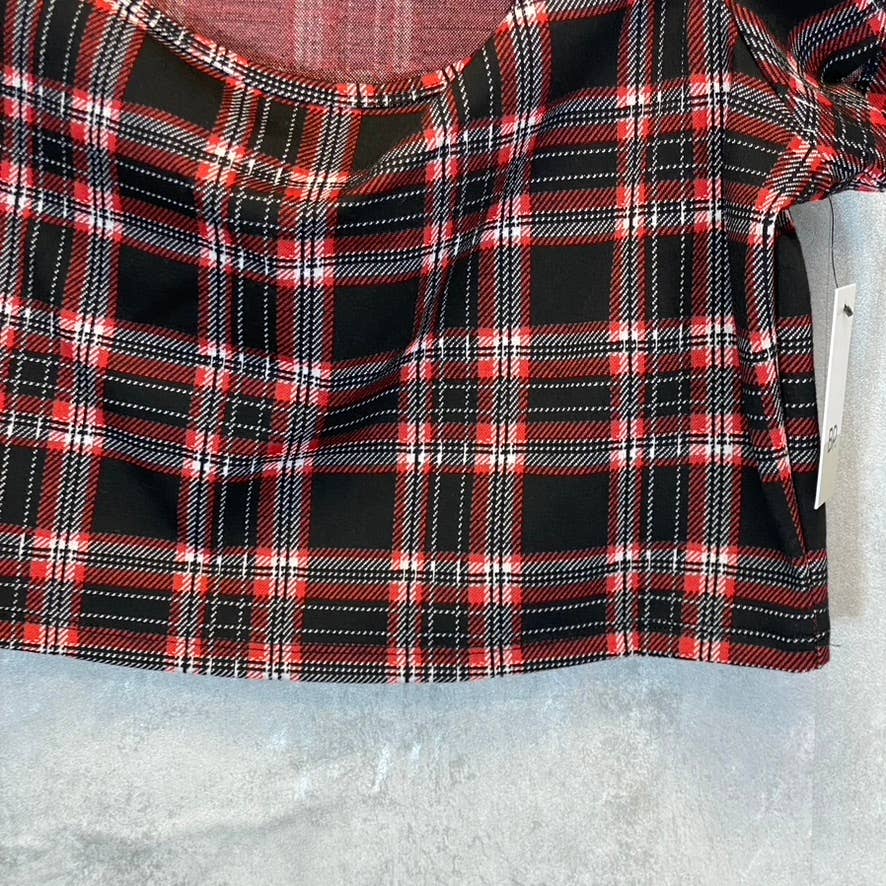 BP. Women's Black-Red Aurora Plaid Crewneck Cutout Short Sleeve Top SZ XL