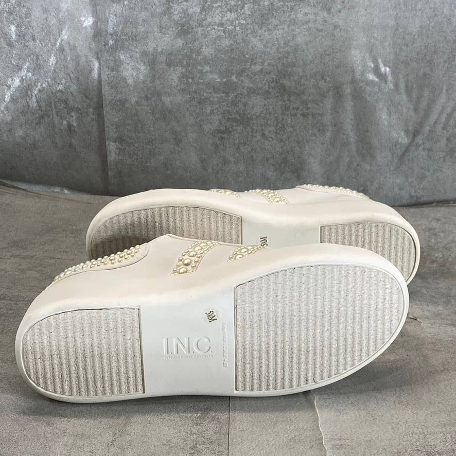 INC Women's White Imitation Pearl Embellished Alleni Lace-Up Sneakers SZ 5.5