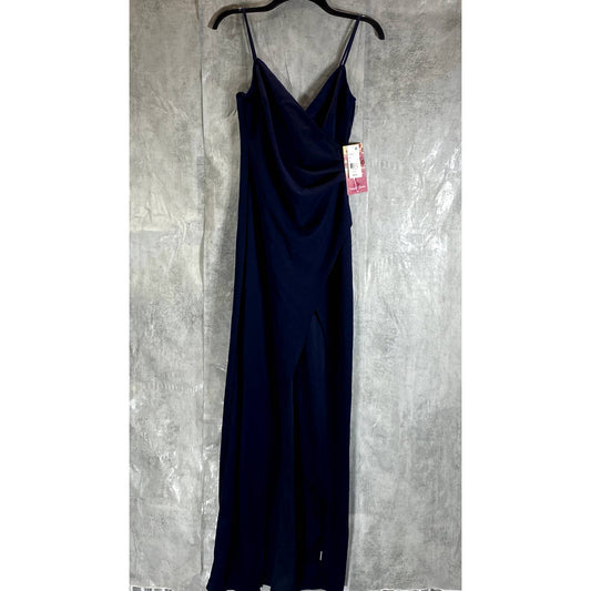 EMERALD SUNDAE Juniors' Navy Surplice V-Neck High-Slit Adjustable Straps Gown