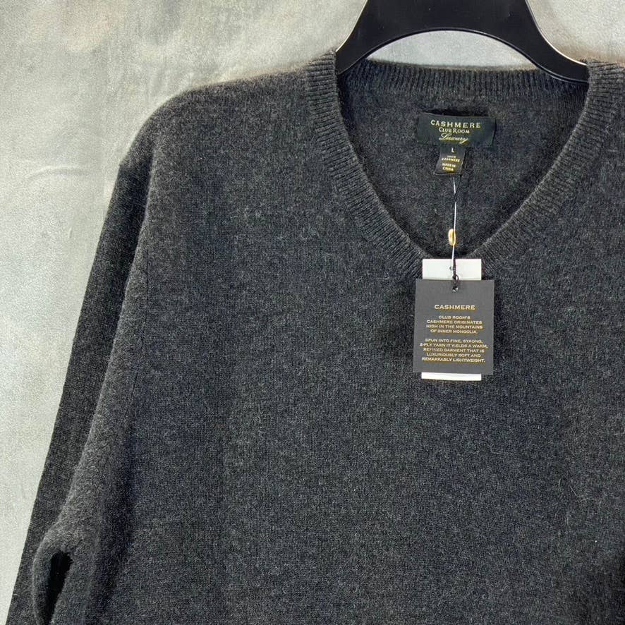 CLUB ROOM Men's Charcoal Cashmere V-Neck Long-Sleeve Pullover Sweater SZ L