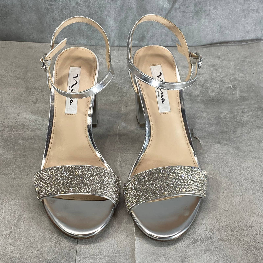 NINA Women's Silver Metallic Haven Block-Heel Ankle-Strap Evening Sandals SZ 7.5