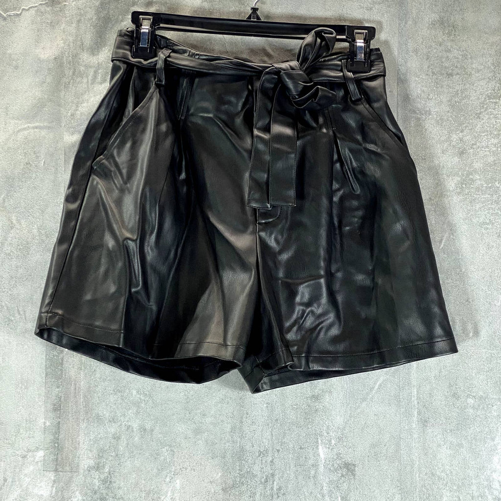 LUCY PARIS Women's Black Faux-Leather Belted Smocked-Waist Pull-On Shorts SZ XS