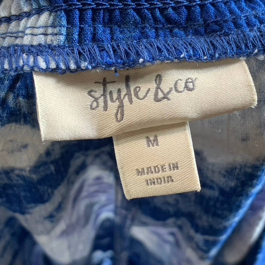 STYLE & CO Women's Blue Printed Mid-Rise Drawstring Wide-Leg Pull-On Pants SZ M