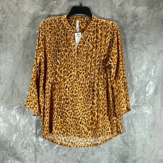 NY COLLECTION Women's Brown Leopard Y-Neck 3/4 Overlapped Bell Sleeve Top SZ L